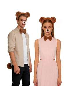 4件套：熊耳朵、熊尾巴、熊形蝴蝶结头箍，万圣节学校活动角色扮演服装配饰 - 棕色 - 查看 1