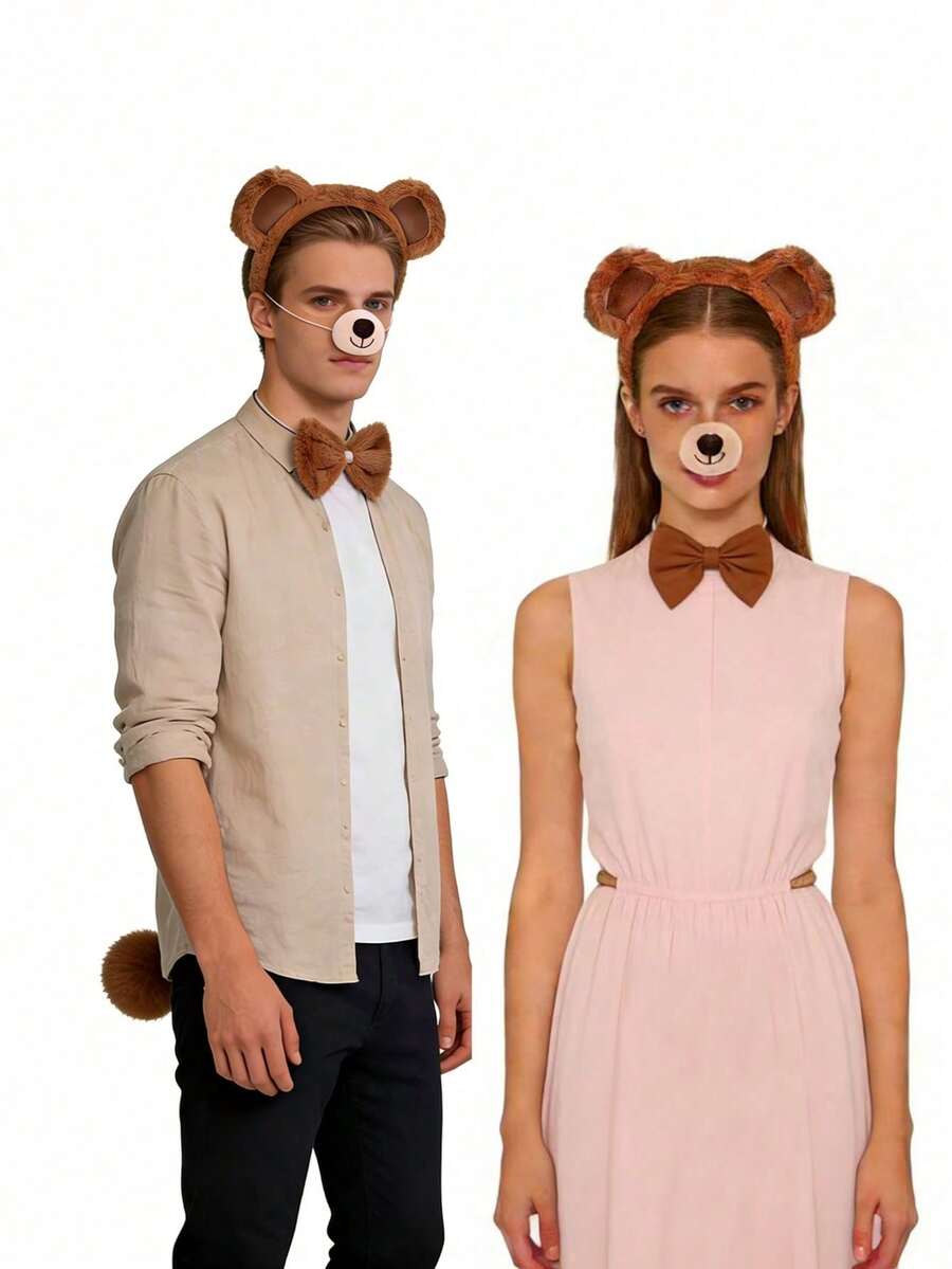 4件套：熊耳朵、熊尾巴、熊形蝴蝶结头箍，万圣节学校活动角色扮演服装配饰 - 棕色 - 查看 1