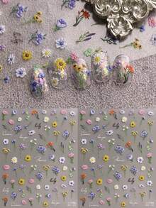 春夏花卉浮雕美甲贴纸 - 树叶、蜻蜓和雏菊，情人节适用，适合女性日常生活、婚礼和节日。一次性自粘背胶美甲贴纸，中国风清新简约主题，易于粘贴，美甲装饰贴纸。 - 彩色 - 查看 1