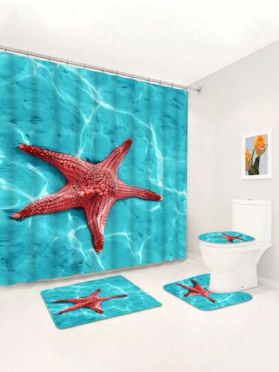1/4 Pcs Summer Beach Red Starfish Pattern Printed Waterproof Shower Curtain, Bathroom Decor Set Includes Bath Mat, U-Shaped Toilet Lid Cover, 12 Hooks, Modern Home Bathroom Accessories, Washable Polyester Fabric, Suitable For Hotel, Apartment, Home, Gift