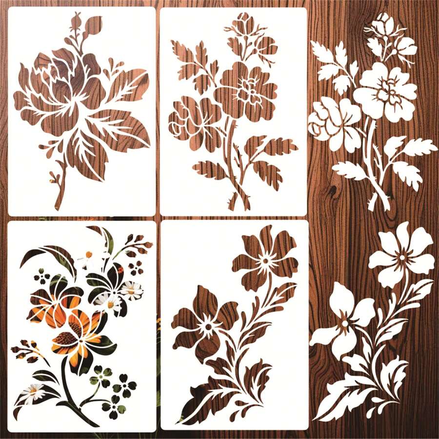 4件套花卉模板,现代复杂花叶图案设计,适用于DIY工艺品、布料、相框、墙面装饰,可重复使用的PET材质乳白色艺术模板 - Flower - 查看 1