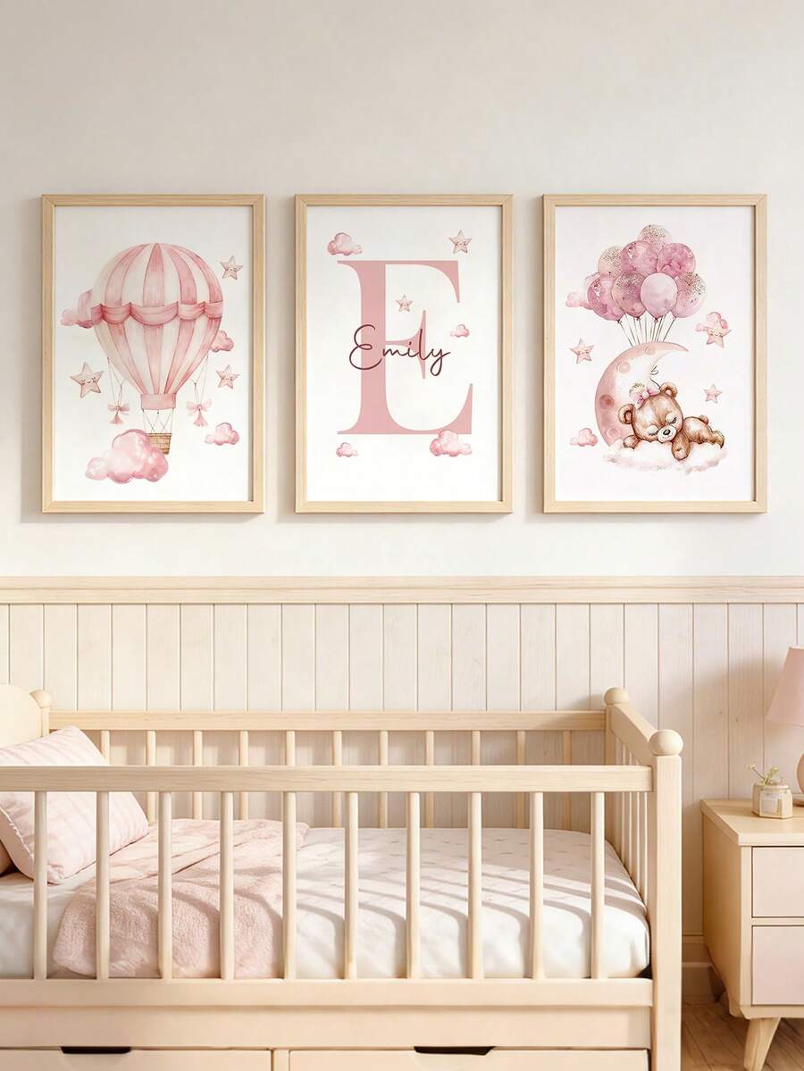 3 Tranh treo tường in theo yêu cầu, tên cá nhân hóa, hình gấu ngủ, nơ, sao hồng, mây, trăng, khinh khí cầu, trang trí phòng bé gái, phòng ngủ, căn hộ, quà sinh nhật cá nhân hóa cho bé gái, bạn bè, gia đình, trang trí nhà cửa phòng khách, bộ sưu tập 2026. - Hồng - Xem 1