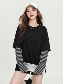 JUTU Spring & Autumn Black Striped Patchwork Sleeve T-Shirt, Comfortable Loose Fit Long Sleeve Top, Young Lady Style Casual - 2A19 Black - View 4