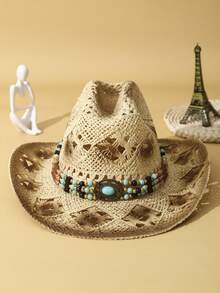 1pc Unisex Turquoise Decor Dyeing Printed Ridge Hollow Out Wide Brim Boho Hand Woven Travel Shade Breathable Adjustable Chin Strap Cowgirl Hat Windproof Rope Casual Travel Shade Handmade Beach Hat Cowboy Hat Sun Hat Straw Hat - Beige - View 4