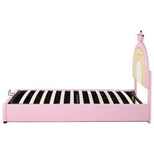 Upholstered Bed 90*200, Hydraulic Bed, With Slatted Base And Headboard, Children's Bed, Wooden Slatted Frame, Easy Assembly, Height-Adjustable Headboard, PU, Pink - Pink - View 6