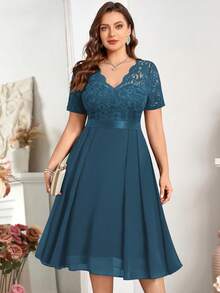 V-Neck Ruffle Lace Print Chiffon A-Line Swing Dress, Semi-Formal Party Dress, Suitable For Valentine's Day, Summer, Birthday, Graduation, Back To School - Dusty Blue - View 2