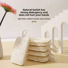 2 piezas Esponja de luffa de pulpa de madera natural, fuerte, descontaminante, fácil de limpiar, esponja de algodón de pulpa de madera para lavar platos - Embalaje reversible (esponja vegetal + algodón de pulpa de madera) en bolsas OPP - Ver 5