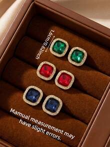 3 pares de pendientes de lujo con diseño geométrico de cristales en rojo, azul y verde, elegantes y minimalistas, adecuados para uso diario y ocasiones festivas de las mujeres - Conjunto de tres piezas - Estilo C - Ver 5