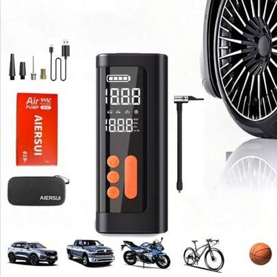 Portable Air Pump (With Tire Inflation Function) - Quick Inflation Pump Suitable For Various Inflatables, Air Mattresses And The Following Items: - Tire Inflator With Pressure Gauge - LED Work Light - Cars, Sedans, Motorcycles, Bicycles - Balls 1500mAh 7.4V