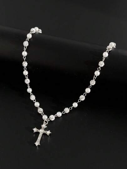1pc Vintage Elegant Minimalist Cross Decor Faux Pearl Necklace, Fashion Versatile Suitable For Daily Wear And Couple Gift