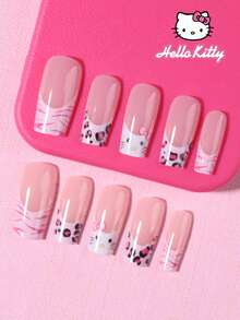 Sanrio Hello Kitty 24片中號正方形可愛3D豹紋與粉色法式穿戴甲，Hello Kitty與蝴蝶結設計，適用於壓克力假指甲套組，含1片果凍膠與1片指甲锉，適合女孩日常與派對美甲 - 彩色 - 查看 3