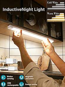 شريط إضاءة LED لا سلكي للخزانة مع جهاز استشعار الحركة، قابل للشحن اللاسلكي بالمغناطيس، تشغيل/إيقاف تلقائي، إضاءة خافتة، قابل للتطبيق في أكثر من منظر، عمر طويل، مثالي لإضاءة المنزل - متعدد الألوان - مشاهدة 2