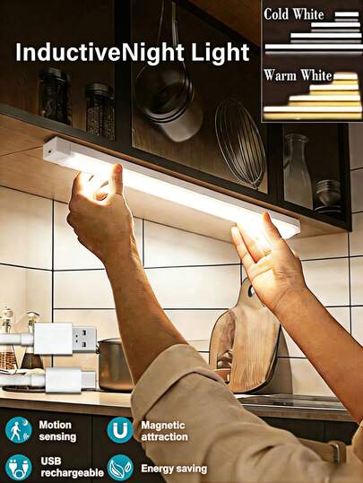 1pc Wireless LED Motion Sensor Cabinet Light Strip, Magnetic Rechargeable Sensor Lamp, Auto On/Off For Cabinet, Bedroom, Stairs, No Wiring Installation, Soft Lighting, Suitable For Corridor, Room, Cabinet And More Scenarios, And Long-Lasting, Create A And Comfortable Home Lighting Atmosphere!