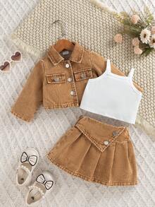 Bộ 3 món cho bé gái, gồm áo khoác kiểu sinh viên, áo hai dây và chân váy xếp ly, thích hợp cho mùa thu/đông. - màu nâu - Xem 1