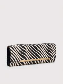 Zebra Print Straw Clutch, Striped Woven Long Wallet, Elegant Party & Daily Clutch - Black and White - View 3