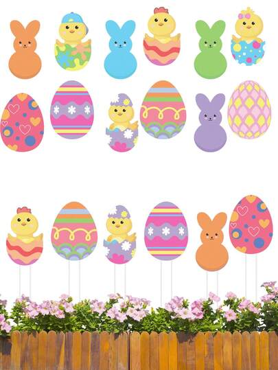 12个复活节彩蛋造型花园插牌，包括兔子蛋和小鸡造型，以及心形、条纹等多种图案，营造生动的装饰效果。适用于复活节花园装饰、春季家居装饰、花盆装饰、派对用品和户外草坪装饰。