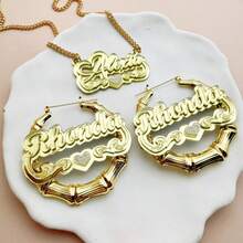 [Customization] 2 Pieces Set Of Customized Acrylic Name Earrings/Necklaces With Shiny Heart-Shaped Design, Personalized Double-Layer English Letter Name Women's Pendant/Earrings, Perfect For Parties And Birthday Gifts, Women's Jewelry Set, Cuban Chain - Multicolor - View 6