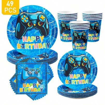 1 Set Blue Lightning Game Controller Disposable Plates, Napkins, Cups - One-Time Party Supplies Set For 8 Guests, Disposable Paper Plates Party Tableware Suitable For Birthday, Wedding, Theme Party, Family Picnic