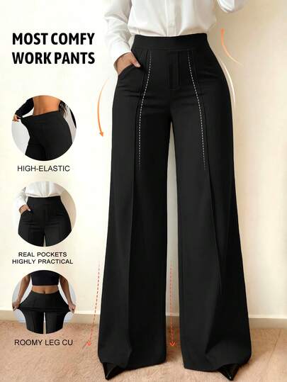 กางเกงลำลองขายาวทรงขากระดิ่งสำหรับผู้หญิง, ยืดหยุ่น, บาง, มีกระเป๋า, ใส่ได้หลากหลายสำหรับใส่ในชีวิตประจำวัน, เดินทาง, ทำงาน, และพักผ่อน/เล่นกีฬา, ดีไซน์ขากระดิ่งเพื่อพรางขา, สีดำสำหรับฤดูใบไม้ผลิ/ฤดูร้อน