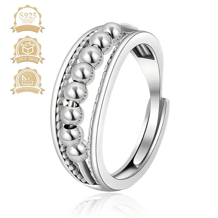 1 Stück modischer & eleganter 925 Silber geometrischer beweglicher Kugelring, geeignet für Frauen Urlaub, Party, Bankett - Silber - Übersicht 1