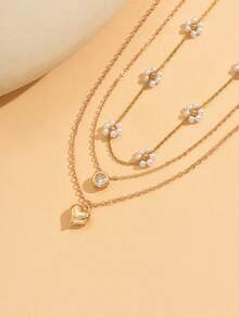 3pcs/Set Fashionable Gold Chain Necklace With Crystal Heart Pendant, Versatile Jewelry For Daily Wear, Dates, Parties, Music Festivals - Golden - View 3