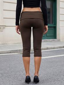 Women Y2k Summer Slim Fit Capri Pants Stylish Elastic Midi Waist 3/4 Length Pants Fashionable Solid Color Fold Over Cropped Pants For Casual Daily Streetwear - 深棕 - 查看 6