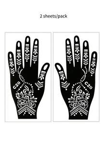 2张月亮星星点状临时纹身贴纸，适用于手脚，曼海蒂图案纹身模板，适合女性婚礼派对节日人体彩绘 - 黑色 - 查看 12