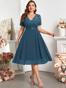 V-Neck Ruffle Lace Print Chiffon A-Line Swing Dress, Semi-Formal Party Dress, Suitable For Valentine's Day, Summer, Birthday, Graduation, Back To School - Dusty Blue - View 8