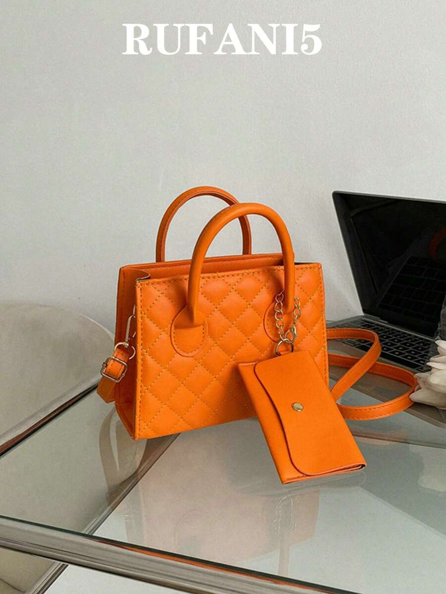 Waterproof,Lightweight,Business Casual Neon Orange Stitch Detail Double Handle Square Bag With Coin Purse For Teen Girls Women College Students,Rookies & White-collar Workers Perfect for Office,College,Work ,Business,Commute - Orange - View 1