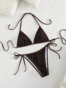 新款女士渔网比基尼套装，性感系带闪亮泳衣，沙滩装 - 棕色 - 查看 5