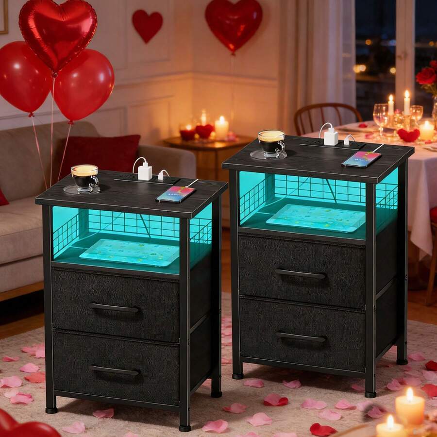 ✨Night Stand Bedside Bedroom, Nightstand Set Of 2 , Night Stand With Storage Shelf & 2 Drawers, End Table|Black|Enhanced Design|Suitable For Pet-Owning Households|Autumn & Winter Heartwarming Gift|Christmas & Halloween Gift|Newly Upgraded Thickened Edition|Thanksgiving Day|Celebration Gifts|NYE Party Gifts|Lunar New Year 2026|New Year's Eve|Valentine's Gifts|Made Me Buy It: Must-Haves To Stock Up On✨ - 黑色 - 查看 1