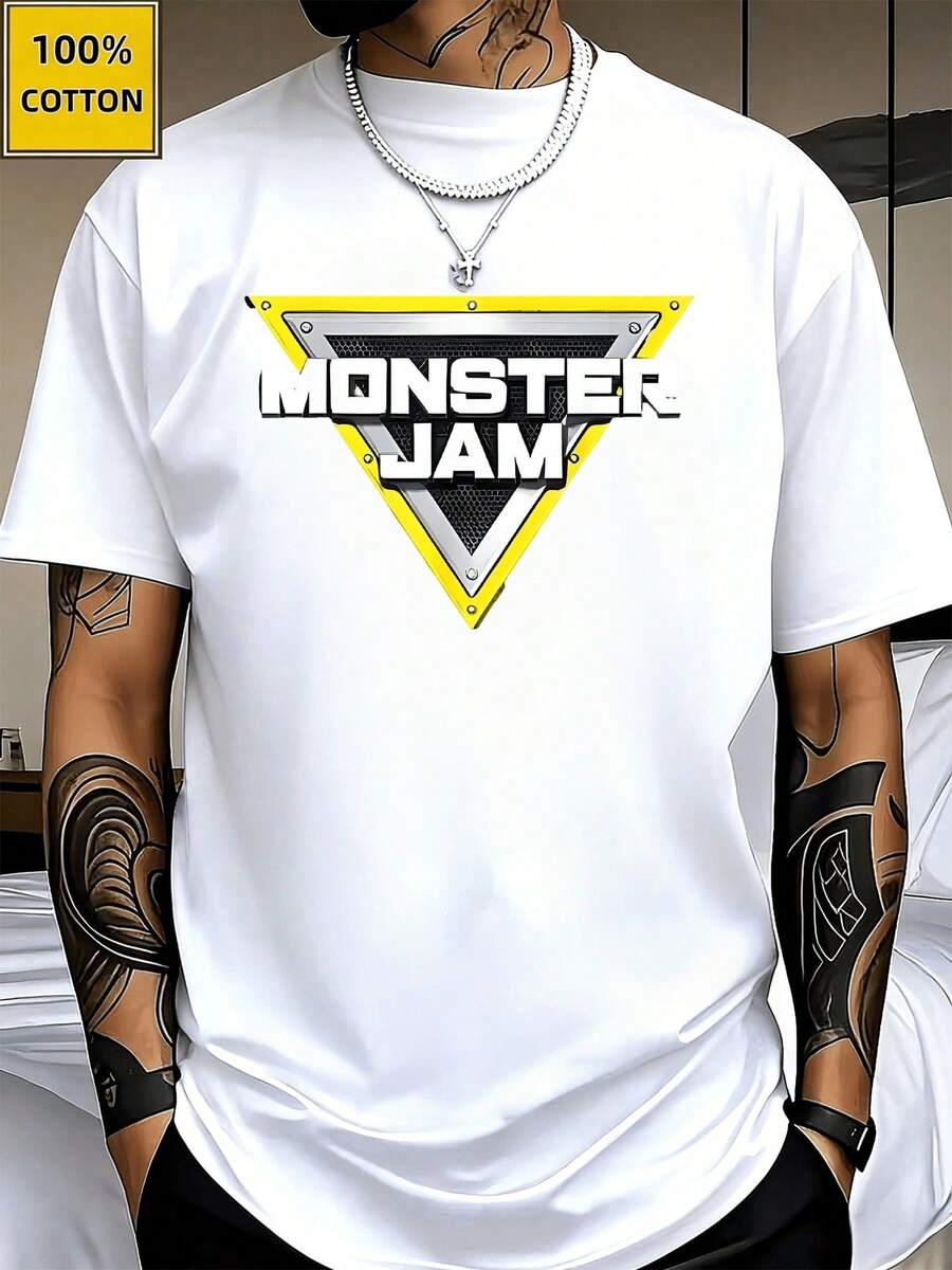 Monster Jam Printed TShirts Racing Sport ShortSleeved Tee 100% Cotton Spring Summer Graphic T Shirts Fashion Men'S Top A Great Valentine's Day Gift Valentine Outfits For Men Mardi Gras Gift Casual Tee - 白色 - 查看 1