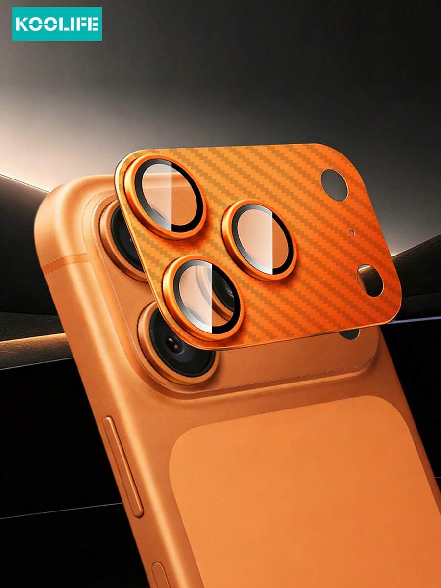 KOOLIFE 1pc Full Coverage Camera Lens Protector, Carbon Fiber Material, High-Definition Tempered Glass Lens, Easy To Install, Waterproof, Shockproof, Scratch-Resistant, Fingerprint-Proof, Compatible With Iphone 17/17 Pro/17 Pro Max - Orange - View 1