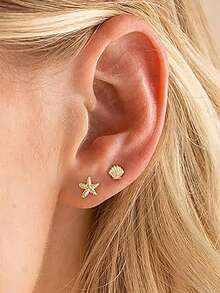 1 par de pendientes de botón con diseño de vida marina bohemio de aleación de zinc con estrella de mar, concha y caballito de mar, regalo de playa y verano, para uso diario - Plateado - Ver 4