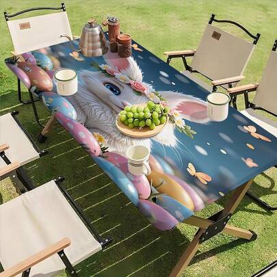 1 件装防水户外桌布，带弹性包边 - 适合露营、野餐和花园派对 - 涤纶材质，樱花树复活节彩蛋印花图案，适合节日派对、户外装饰、节日装饰、复活节装饰