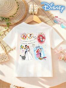 [Disney Authorized] Front: Ariel With Castle And Bow Elements Back: Ariel And Prince Eric With Flounder And Sebastian Elements And Text "PART OF YOUR WORLD" Double-Sided Print Pattern Girls' T-Shirt - Children's Clothing Design Short-Sleeve Casual Cute Style Comfortable And Relaxed Suitable For Boys And Girls, Perfect For Parties And Play Machine Washable Gift Children's Clothing Girls' Short-Sleeve Shirt - trắng - Xem 5