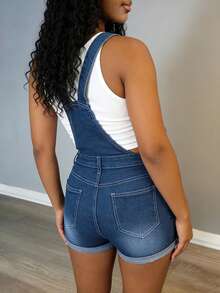Shorts en jean femme à taille mi-haute, stretch, déchirés, avec bretelles réglables - Shorts casual quotidiens slim fit avec revers boutonnés - Jean clair - Voir 2