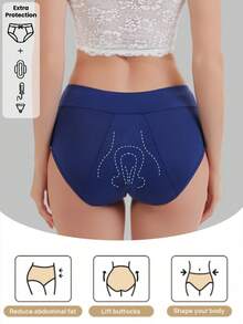 1 pieza Ropa interior femenina de unicolor, suave y cómoda, a prueba de fugas, con cobertura completa y reforzada, estilo básico - Azul - Ver 1