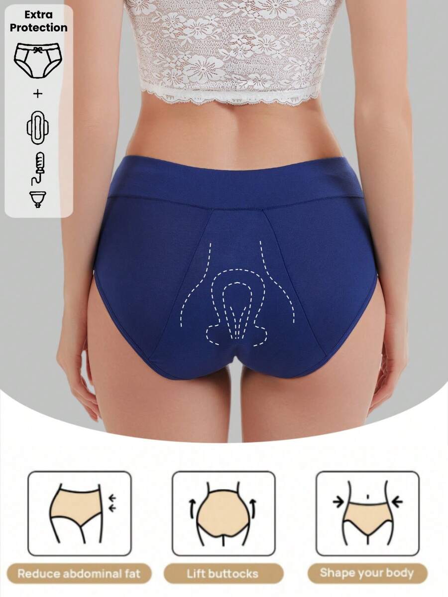 1 pieza Ropa interior femenina de unicolor, suave y cómoda, a prueba de fugas, con cobertura completa y reforzada, estilo básico - Azul - Ver 1