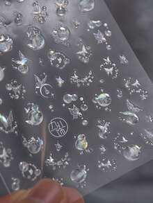 1片法式果冻美甲贴纸，梦幻泡泡流星蝴蝶星星月亮图案，自粘式，适用于美甲DIY装饰，美甲用品。 - 彩色 - 查看 4