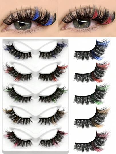 5对蓬松彩色假睫毛，猫眼款，混色睫毛，加长尾，浓密卷翘，长度17-21毫米，可重复使用，适合初学者，日常佩戴，约会派对妆容。