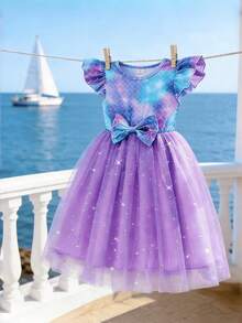 Young Girl Summer Cap Sleeve Sequin Detail Contrast Mesh Dress - Purple - View 1