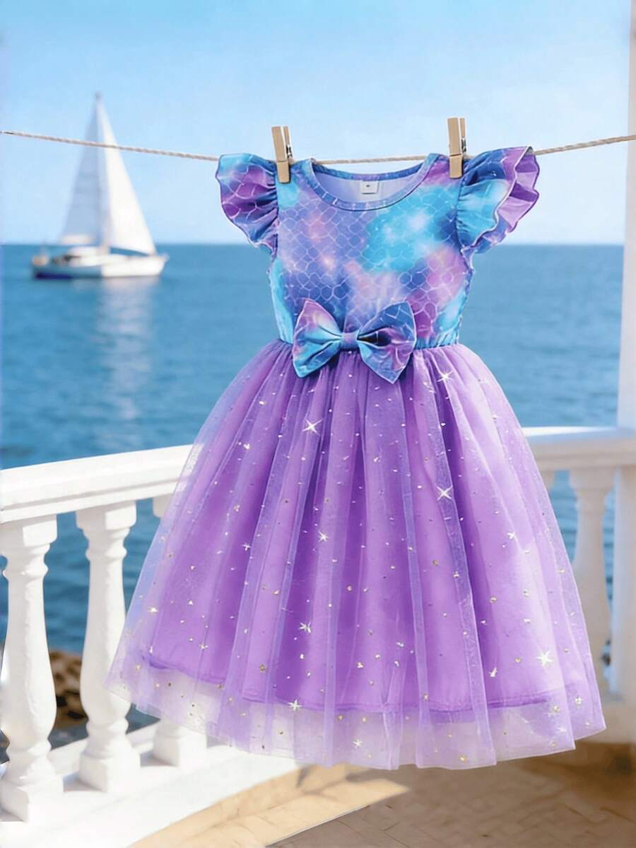 Young Girl Summer Cap Sleeve Sequin Detail Contrast Mesh Dress - Purple - View 1