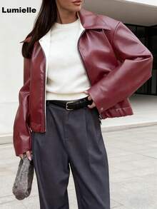 Lumielle Women's Loose Casual Faux Leather Jacket, Regular Fit, Autumn/Winter Viral Oversized Cropped Bomber Jacket | Y2K Streetwear Tredy Black Zip-Up Coat | It-Girl Aesthetic Fall Outerwear Jackets For Women Winter Clothes For Women Valentine Outfits For Women Gym Clothes Women - Red - View 4