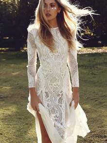 Celebrity Banquet Wedding Dress Crew Neck Long Sleeve Print Backless Lace Dress - White - View 5