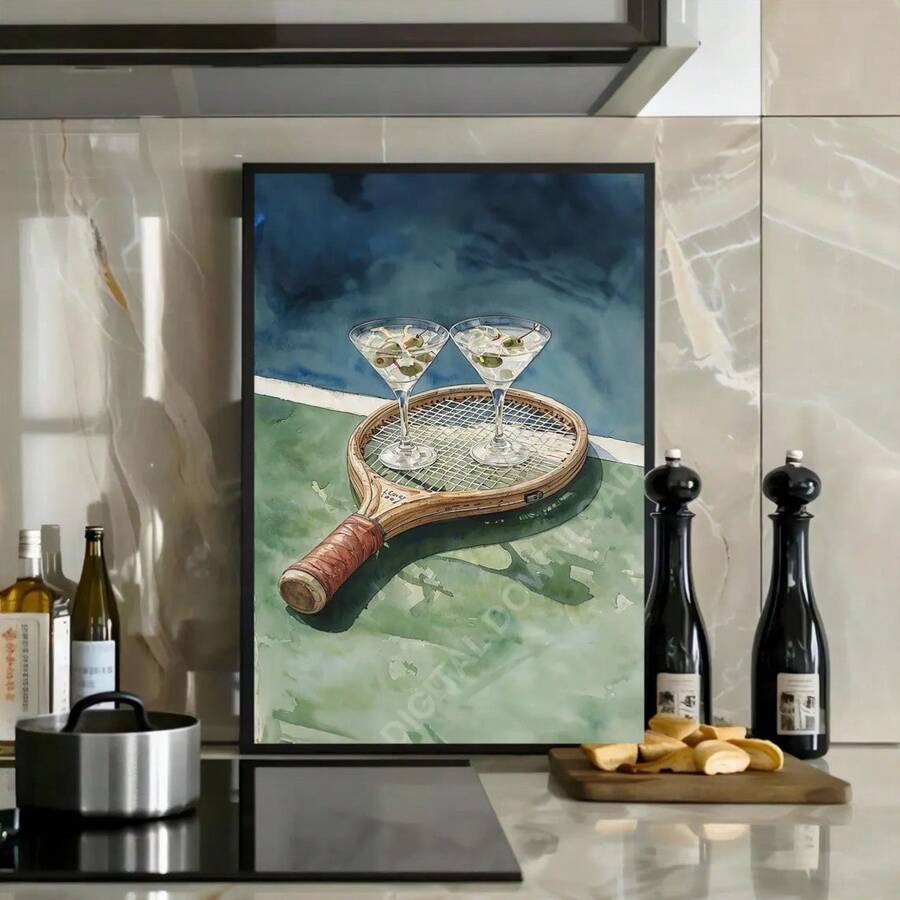 1幅复古网球俱乐部海报墙画,1幅时尚鸡尾酒马提尼酒杯帆布画,独特而富有创意的墙面装饰艺术品,适合卧室或客厅氛围 - C - 查看 1