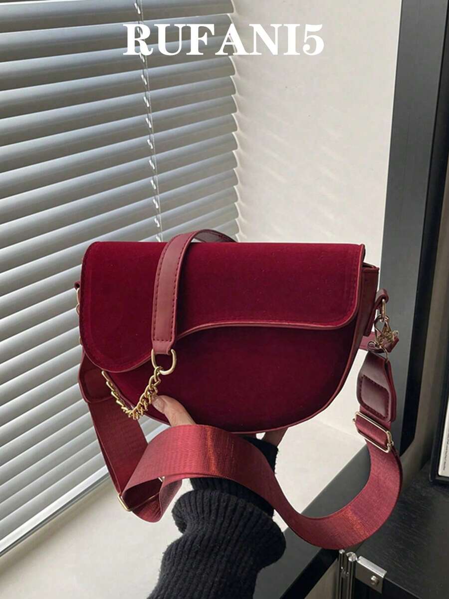 1pc Fashionable Solid Color Minimalist Velvet Flap Shoulder Bag, Suitable For Women's Daily Use And Gifts - Red - View 1