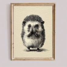 1幅带框/不带框复古刺猬遮住鼻子趣味动物帆布海报，乡村风格浴室墙面艺术印刷品，简约田园风厕所装饰，可爱复古画作，适用于卫生间、卧室、现代家居装饰 - A - 查看 4