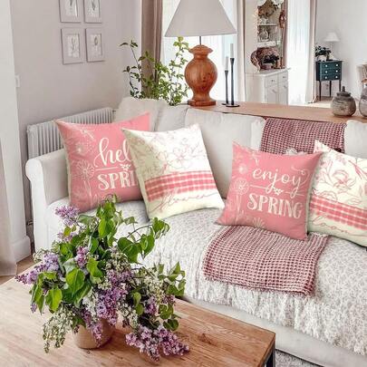 4PCS Spring Throw Pillow Cover Spring Decoration Hello Spring Outdoor Pillow Cover Spring Decorative Cottage Style Pillow Cover Home Spring Decor, One-Sided, Pillow Insert Not Included