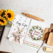 1/1/2 منشفة مطبخ عيد الفصح - ماصة للغاية، قماش أطباق ناعم من البوليستر، مزينة بأنماط أرنب جميل وإكليل زهور، بطراز أنيق بسيط. الحجم: 40 * 60 سم - مناسبة للطهي والخبز، ديكور لغرفة المعيشة والمطبخ وغرفة الطعام وحفلات العطلات، وأيضًا هدية رائعة لتدشين المنزل. - متعدد الألوان - مشاهدة 4